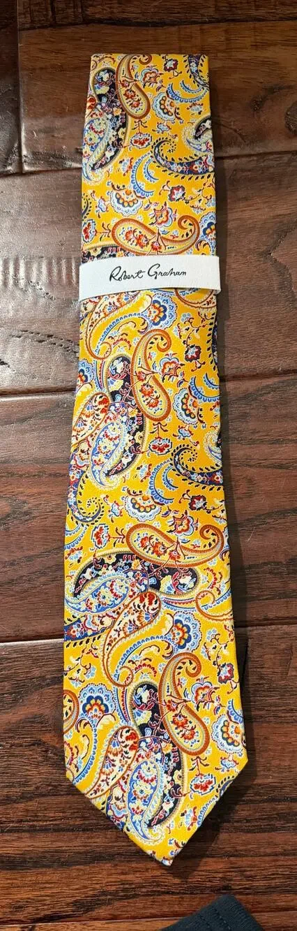 $150 NWT Robert Graham Yellow 100% Silk Paisley Print Neck Tie